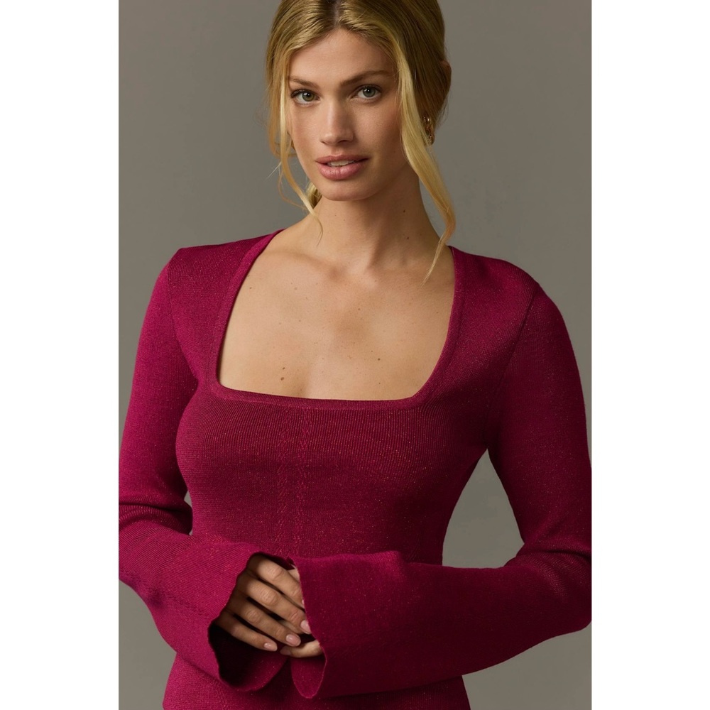 Anthropologie Maeve Shimmery Square-Neck Bell-Sleeve Sweater Raspberry Sz Small - Picture 2 of 10